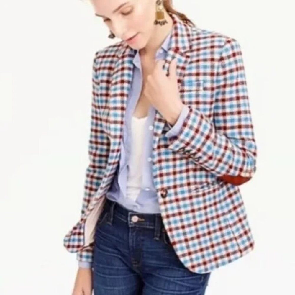 J. Crew Campbell Wool Plaid Blazer Crimson Blue Cream Elbow Patches Size 8